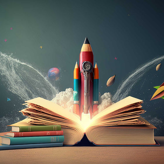 Books and pencils launching like rockets